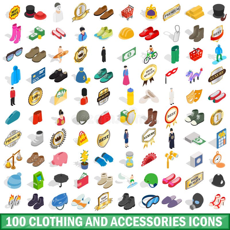 100 ropas e iconos de los accesorios fijados ilustración del vector 100 ropas e iconos de los accesorios fijados ilustración del vector