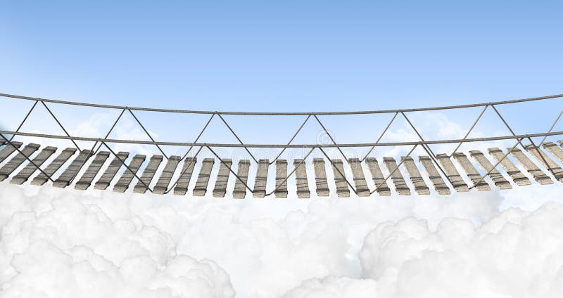 Rope Bridge Above The Clouds. A rope bridge made of wooden planks held together by rope and secured by wooden pegs above the clouds in the heavens stock images Rope Bridge Above The Clouds. A rope bridge made of wooden planks held together by rope and secured by wooden pegs above the clouds in the heavens stock images