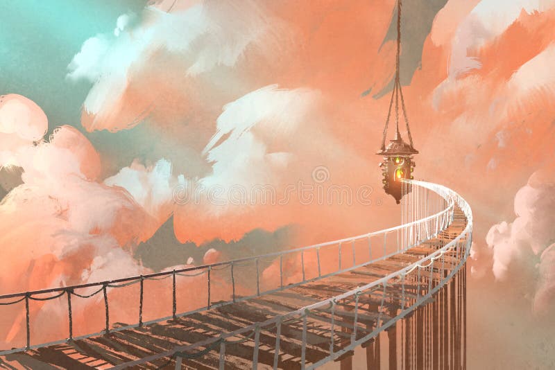 Rope bridge leading to the hanging lantern in a clouds