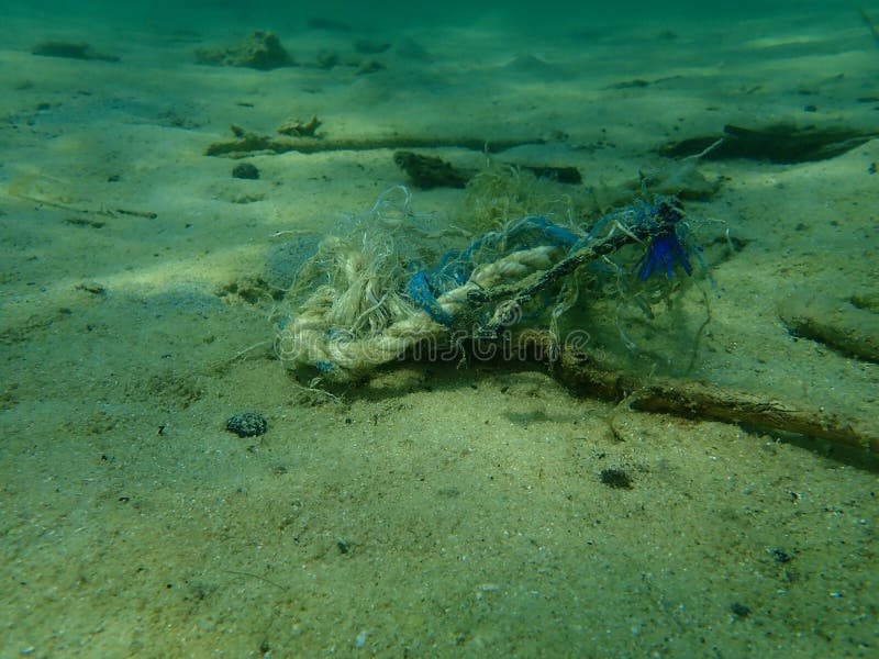 Rope and Plastic String Underwater, Aegean Sea, Greece, Halkidiki. Sea ...