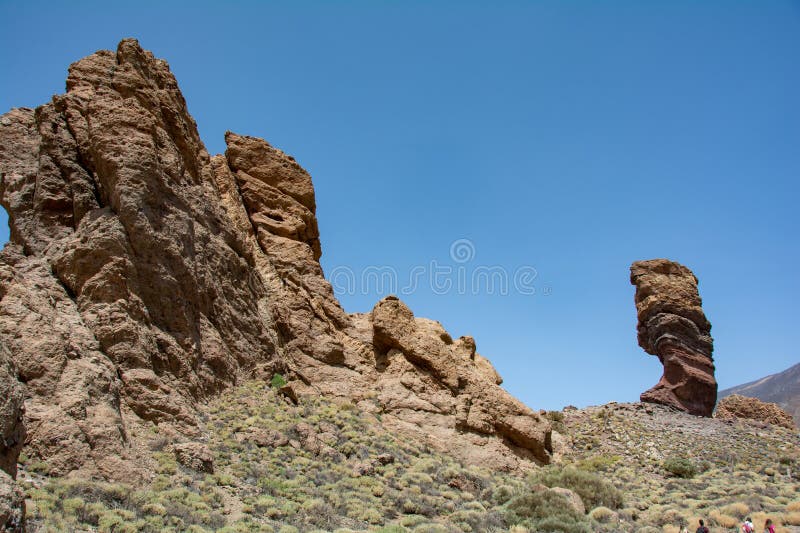 The bizarrely shaped Roque Cinchado rock of volcanic rock in Teide National Park on the Canary Island of Tenerife, Spain. The bizarrely shaped Roque Cinchado rock of volcanic rock in Teide National Park on the Canary Island of Tenerife, Spain