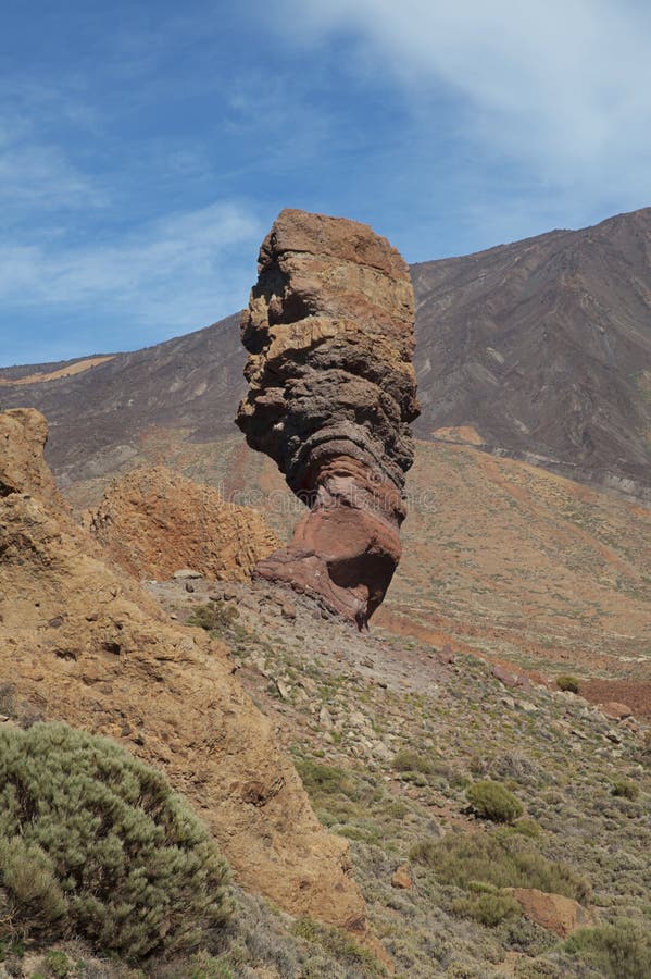 Vertical perspective of Roque Cinchado and surroundings, attractive travel destination with its volcanic, unusual landscape and moon-like rocky terrain in Teide National Park, Tenerife, Canary Islands, Spain. Vertical perspective of Roque Cinchado and surroundings, attractive travel destination with its volcanic, unusual landscape and moon-like rocky terrain in Teide National Park, Tenerife, Canary Islands, Spain.