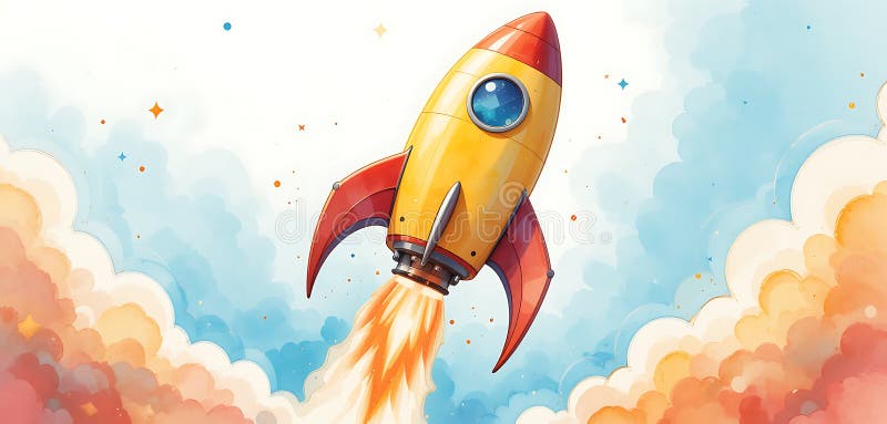 Roquette Jaune avec des ailes rouges et une fenêtre bleue qui traverse des nuages fluides dans un ciel animé avec des étoiles épar photo libre de droits