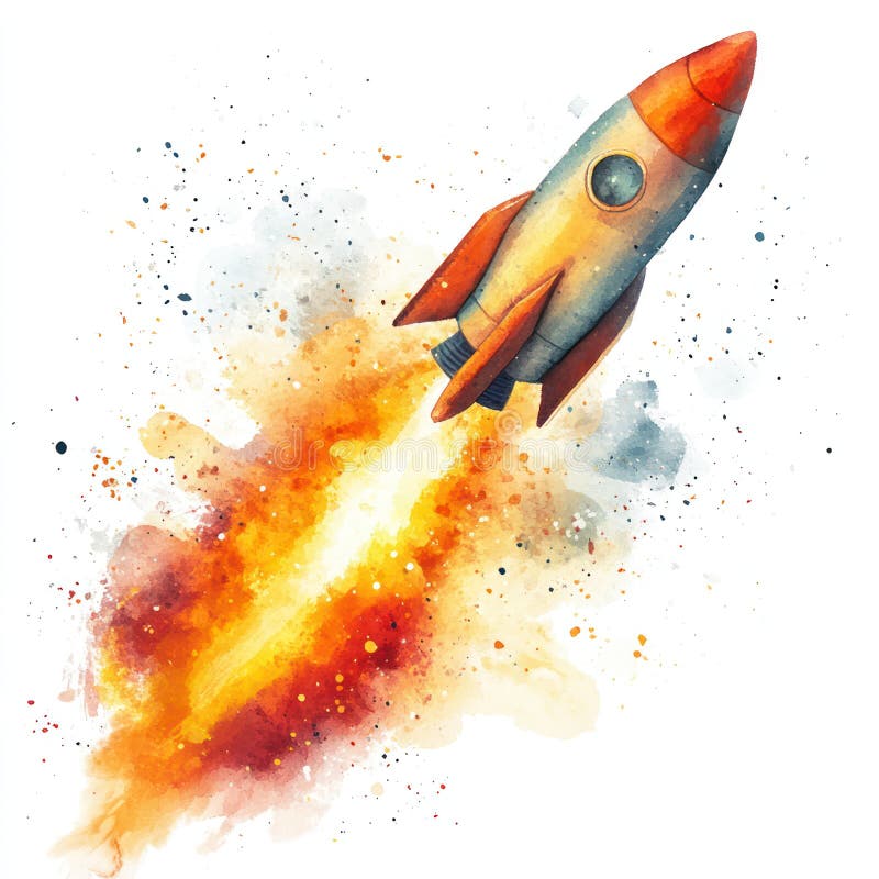 Roquette vibrante qui explose à travers une explosion colorée de flammes et d'étincelles symbolisant l'aventure et l'exploration photographie stock libre de droits
