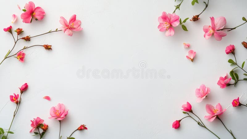 Rosa blommor och blad med tomma utrymmen på vit bakgrund stock illustrationer