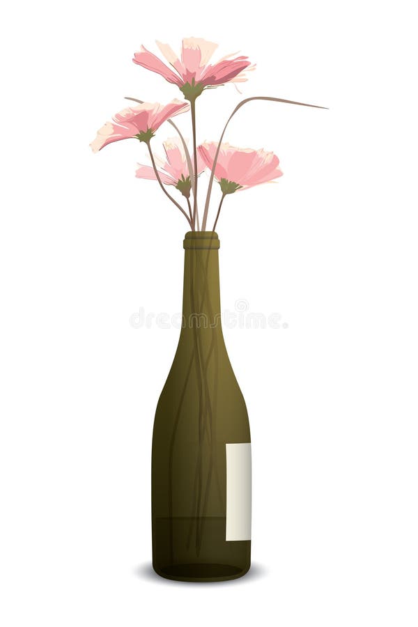 Rosa Blumen in der alten grünen Flasche Alkohol isoliert auf weißem Hintergrund vektor abbildung