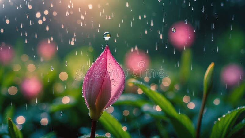 Rosa Blütenblüte im Regen mit Wassertropfen vektor abbildung