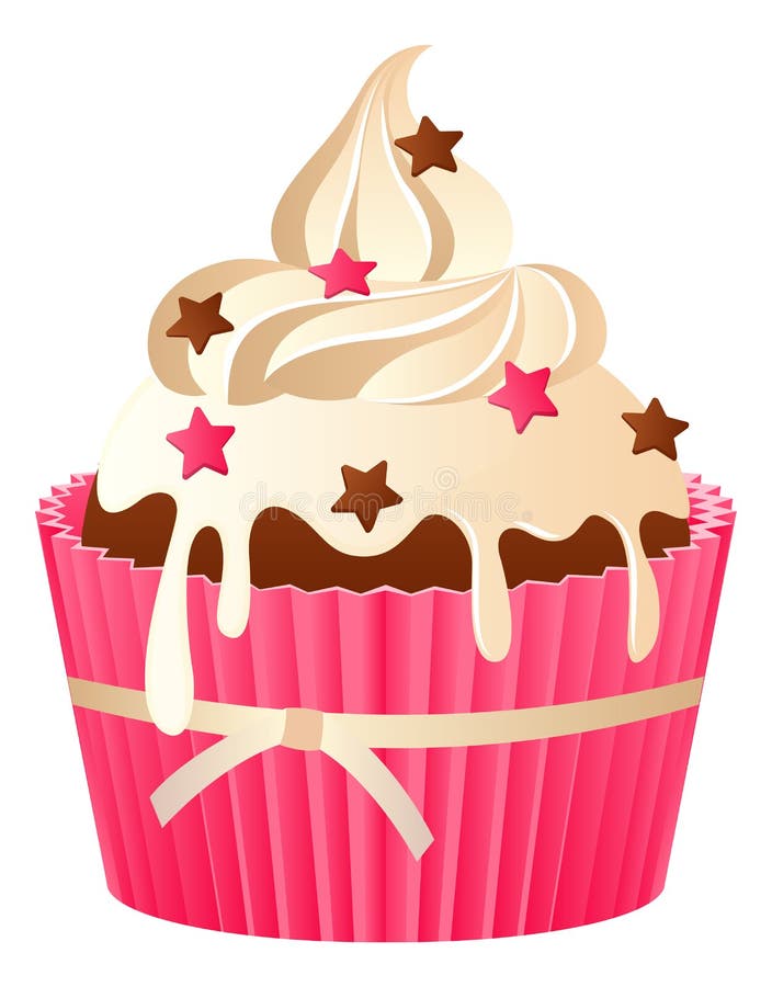 Rosa cupaka. chokladkaka med vaniljgräddstjärnor dekorera jordgubbssötmuffin med ribbon. sockerkakor för kafé stock illustrationer