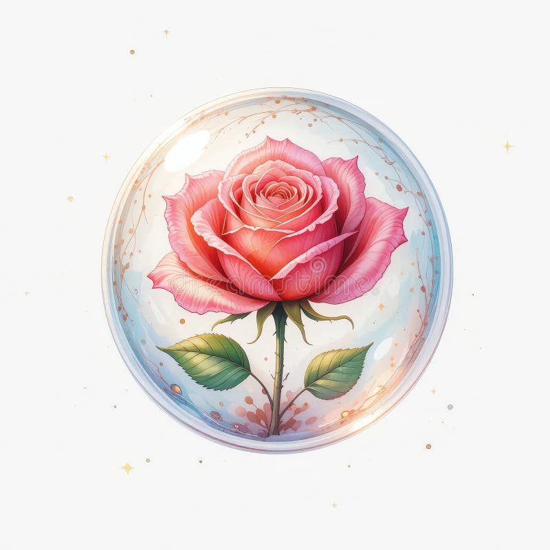 Rosa rosa delicata incapsulata in una zona di vetro con sottili accenti spumanti illustrazione di stock