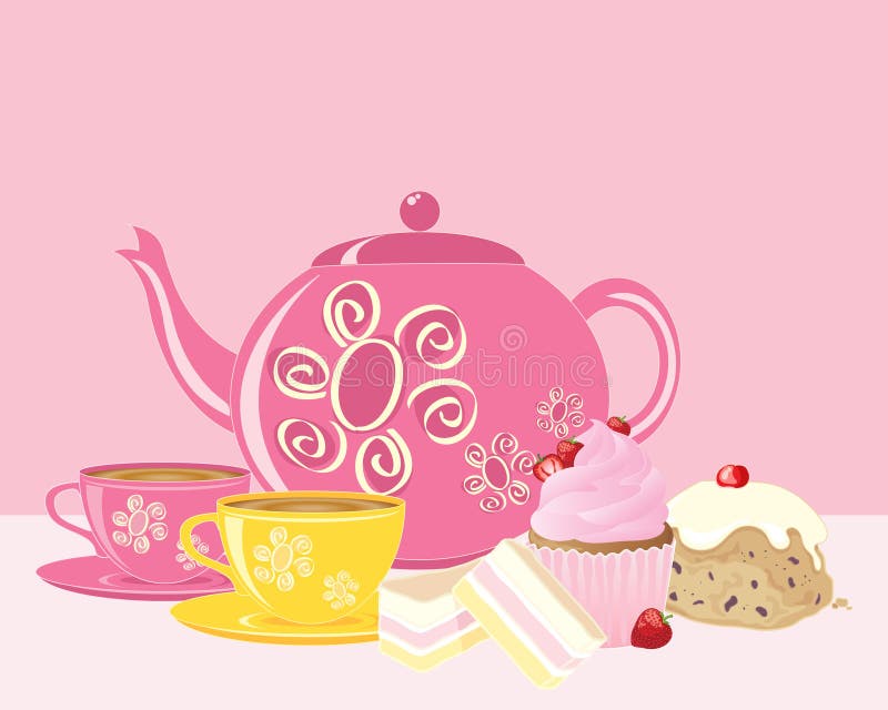 An illustration of an afternoon tea with a pink theme including teapot and cups delicious cakes and a baby pink tablecloth. An illustration of an afternoon tea with a pink theme including teapot and cups delicious cakes and a baby pink tablecloth