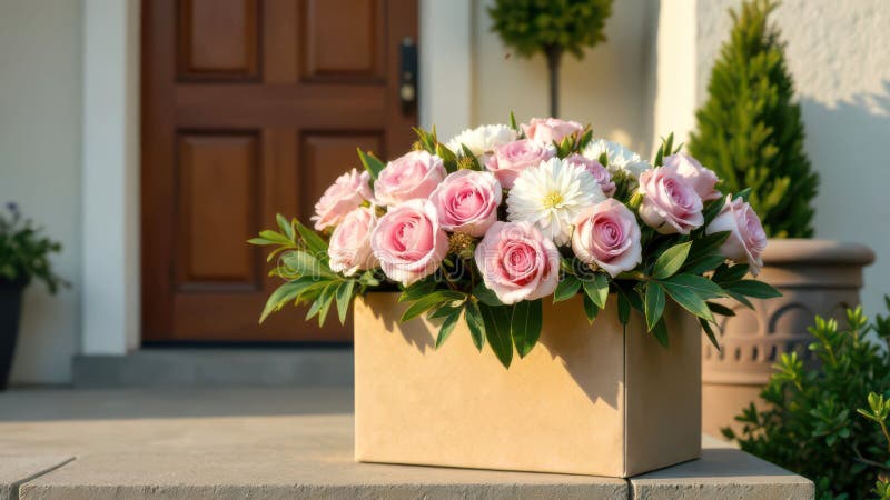 Rosa-rosa elegante e crisântemo branco na porta. Cor-de-rosa elegante e arranjo crisântemo branco no conceito de estilo de vida à porta
