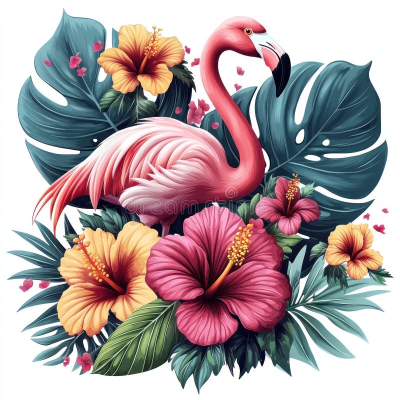 Rosa Flamingo Illustration umgeben von farbenfrohen Hibiskusblumen und tropischen Blättern in einem lebendigen botanischen Design lizenzfreie abbildung