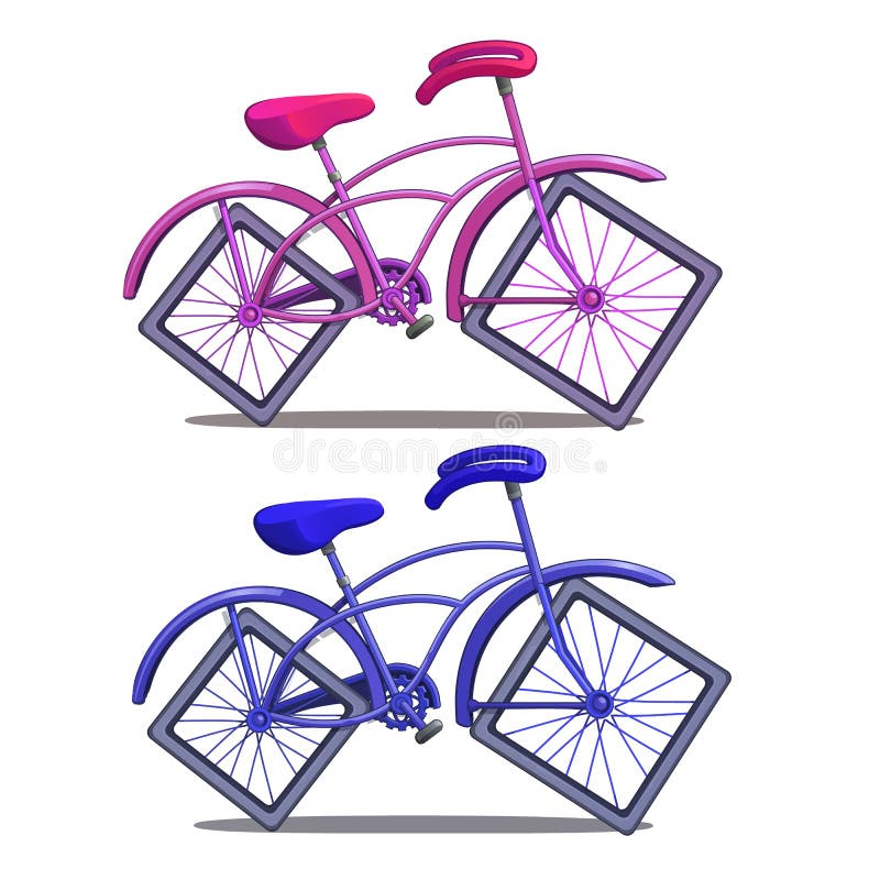 Pink and blue bicycle with square wheels isolated on white background. Vector illustration in cartoon style. Pink and blue bicycle with square wheels isolated on white background. Vector illustration in cartoon style