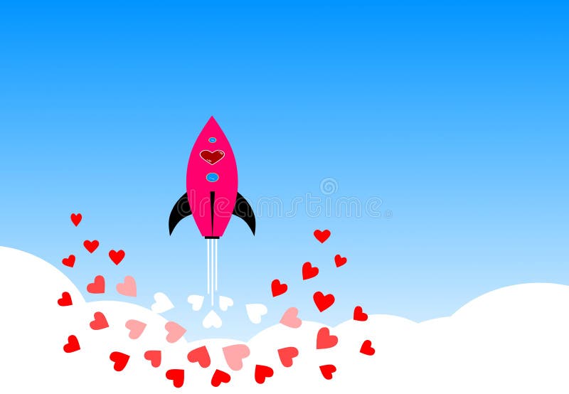Rosa färger flyger drev in i himlen över hjärtor och fördunklar stock illustrationer