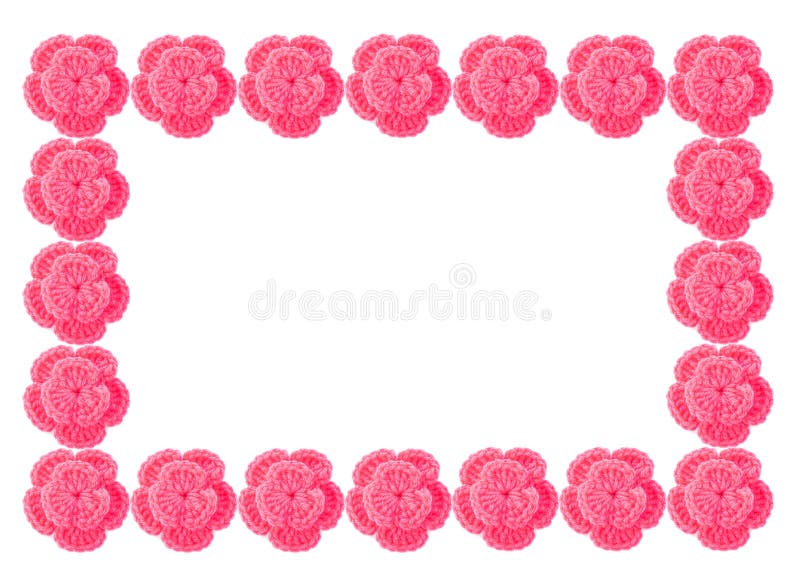 Rosa gestrickte grafische Ressource des Blumenrahmens. Rosa gestrickter Blumenrahmen isoliert auf Weiß