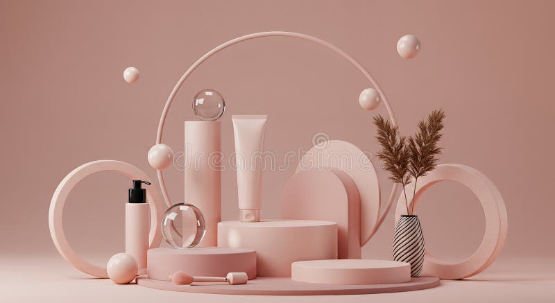 Rosa kosmetisk produktpodium med projicerade former och Florens dekorationer stock illustrationer