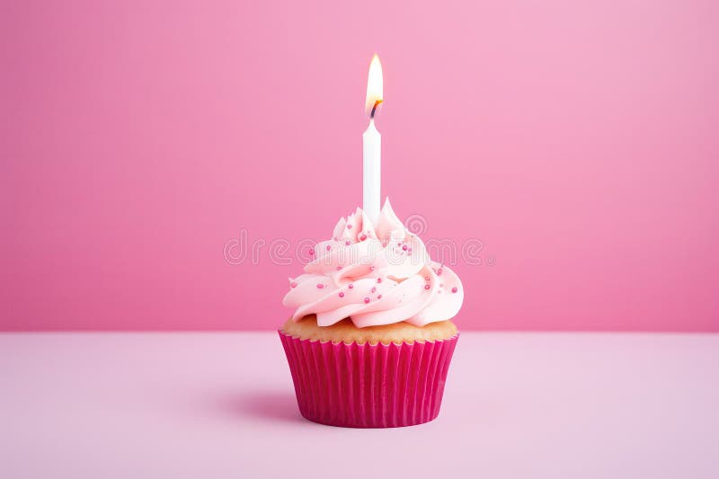 Rosa Kuchen mit beleuchteter Kerze auf rosa Hintergrund leerer Platz. generative Hilfe stock abbildung