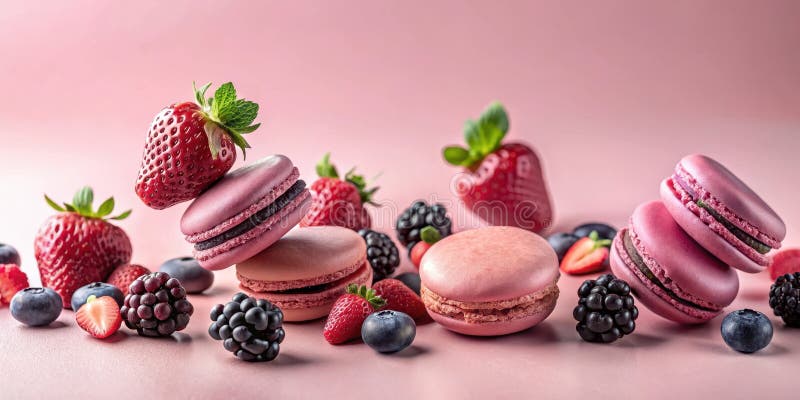 Rosa makaroner och bär på en rosa bakgrund, ett utsökt liv i kulinarium. Generativ AI stock illustrationer