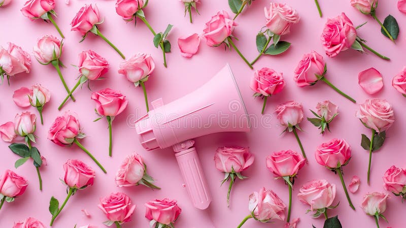Rosa Megaphon umgeben von Rosen lizenzfreies stockbild