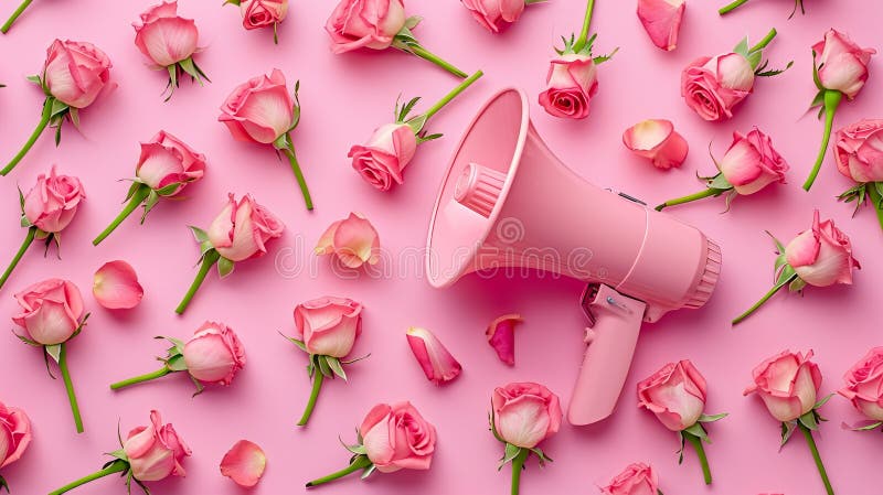 Rosa Megaphon umgeben von Rosen lizenzfreies stockfoto