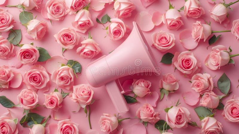 Rosa Megaphon umgeben von Rosen lizenzfreies stockbild