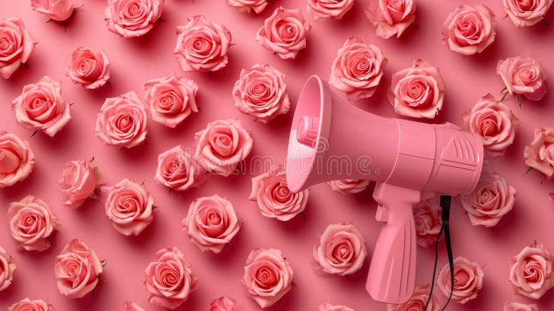 Rosa Megaphon umgeben von Rosen stockfoto