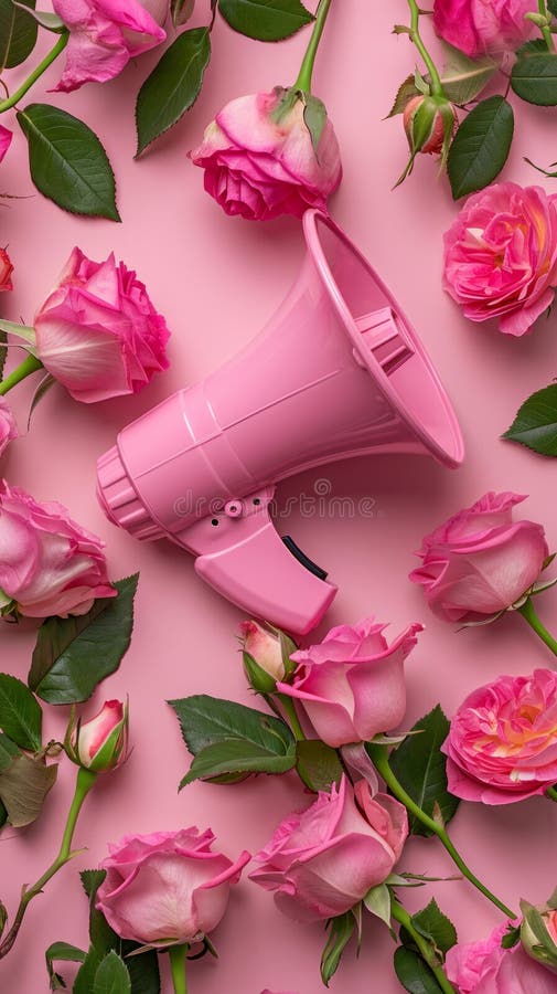 Rosa Megaphon umgeben von Rosen lizenzfreie stockfotografie