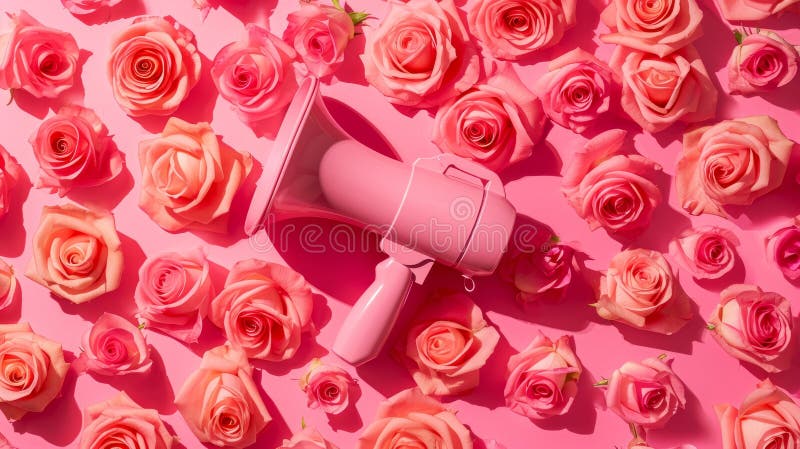 Rosa Megaphon umgeben von Rosen lizenzfreie stockfotografie