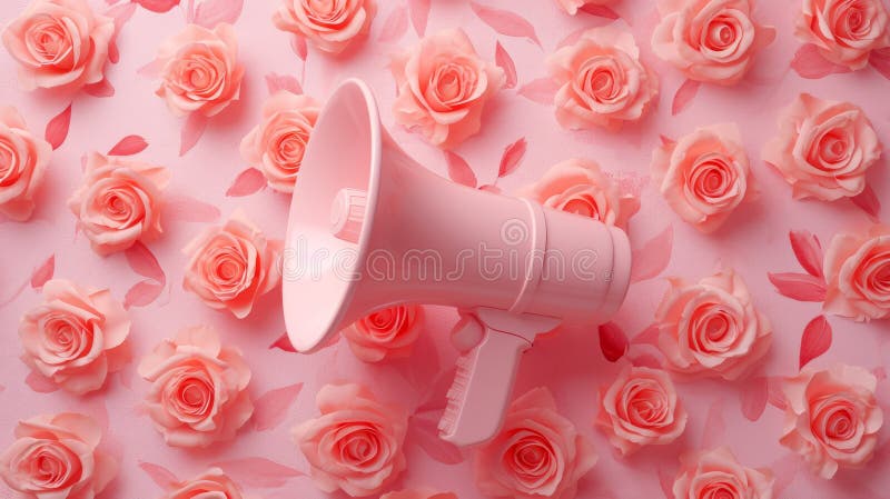 Rosa Megaphon, umgeben von Rosen, verstärken Ihre Botschaft in einer zarten Umgebung stockfotografie