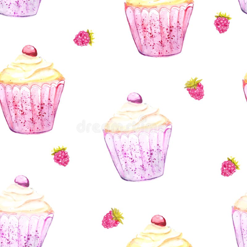 Cupcake and raspberry background. Seamless vector texture with watercolor desserts. Cupcake and raspberry background. Seamless vector texture with watercolor desserts.