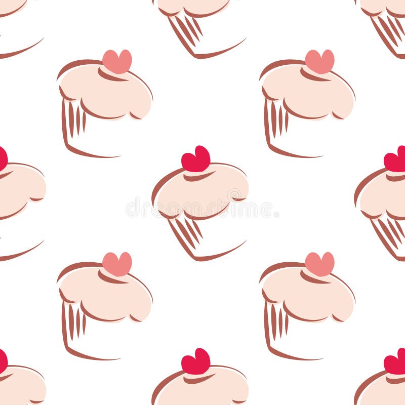 Seamless white vector pattern or tile background with big cupcakes silhouettes, muffin sweet cake and red heart on top. Texture with sweets for desktop wallpaper or culinary blog website. Seamless white vector pattern or tile background with big cupcakes silhouettes, muffin sweet cake and red heart on top. Texture with sweets for desktop wallpaper or culinary blog website