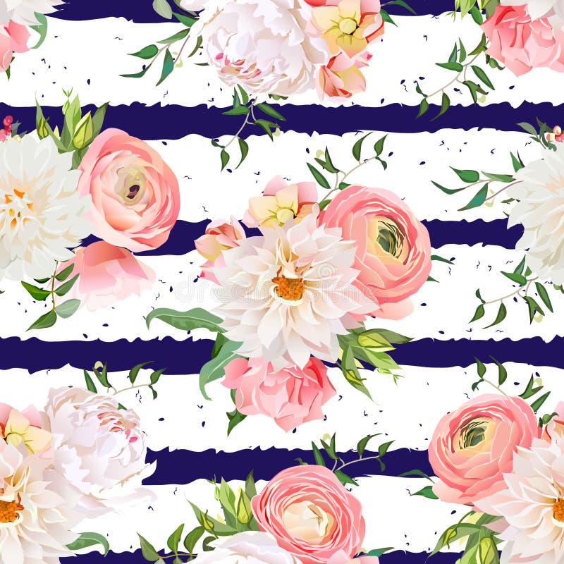 Rosa och sömlös vektormodell för pion för dahlia, för ranunculus, royaltyfri illustrationer Rosa och sömlös vektormodell för pion för dahlia, för ranunculus, royaltyfri illustrationer
