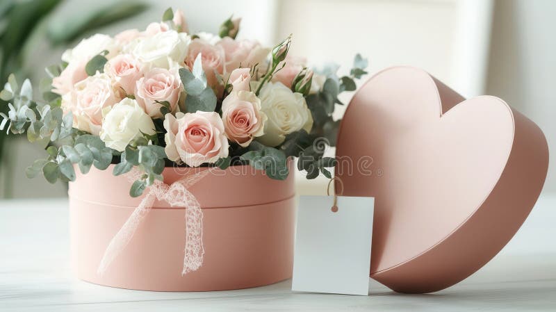 Rosa och vita blomrosor arrangerade i en nutida formad presentbox-tagg som skapar en romantisk och elegant present för mockup-kärl. Rosa vita rosor kapslade inuti hjärtformad behållare som symboliserar romantiska känslor och känslig kärleksgest AI genererade