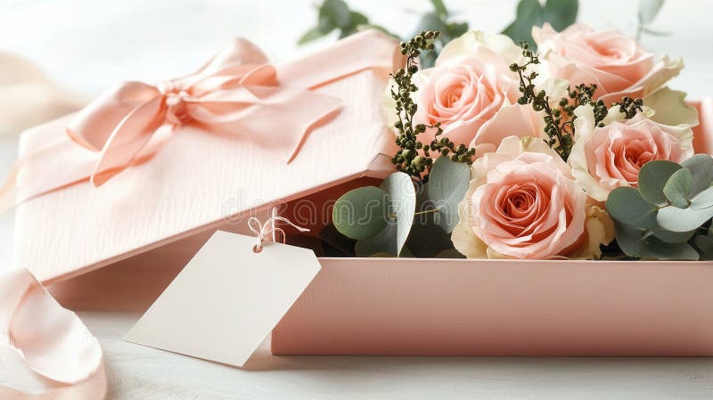 Rosa och vita eukalyptus med rosor som arrangeras i en rosa presentlåda med ett blankkort som skapar en vacker och romantisk gåva arkivfoton