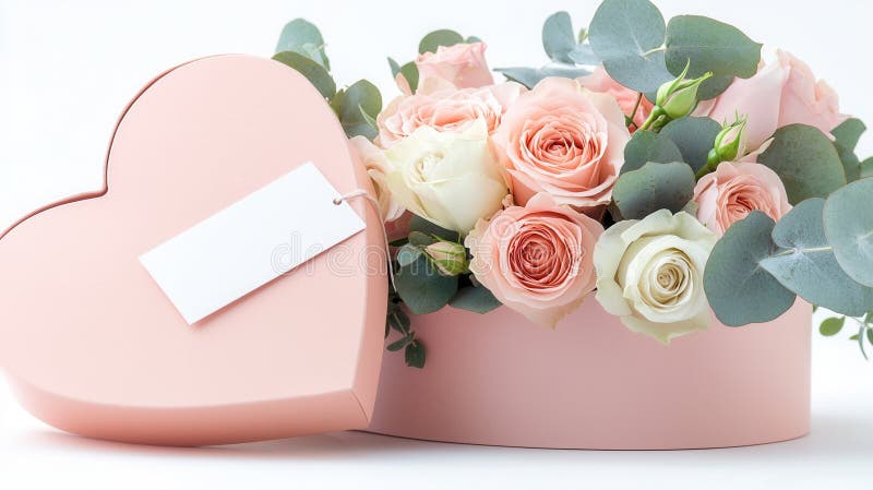 Rosa och vita formade i en presentlåda för hjärtrosor som skapar en romantisk och elegant present för uppräkning av Alla hjärtdage royaltyfri bild