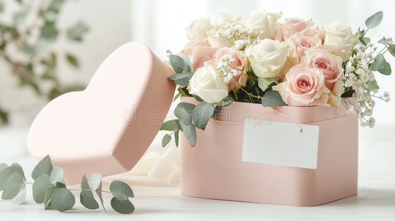 Rosa och vita mockup-rosor som arrangeras i en hjärtformad presentbox florerar och skapar en romantisk och elegant present för tag royaltyfri bild