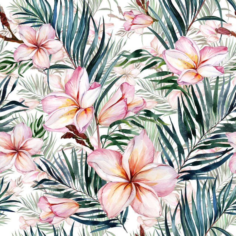 Rosa Plumeriablumen und exotische Palmblätter im nahtlosen tropischen Muster Weißer Hintergrund Adobe Photoshop für Korrekturen stock abbildung Rosa Plumeriablumen und exotische Palmblätter im nahtlosen tropischen Muster Weißer Hintergrund Adobe Photoshop für Korrekturen stock abbildung