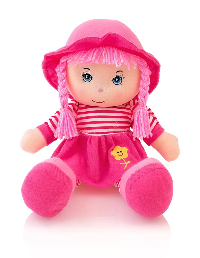 Rosa plushiedocka som isoleras på vit bakgrund med skuggareflexion arkivbilder Rosa plushiedocka som isoleras på vit bakgrund med skuggareflexion arkivbilder