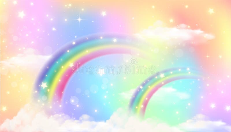 Rosa regnbåge och moln på övertoningens bakgrund. fantasi sky med stjärnor. enhetlig abstrakt bakgrund. söt vattenfärg royaltyfri illustrationer