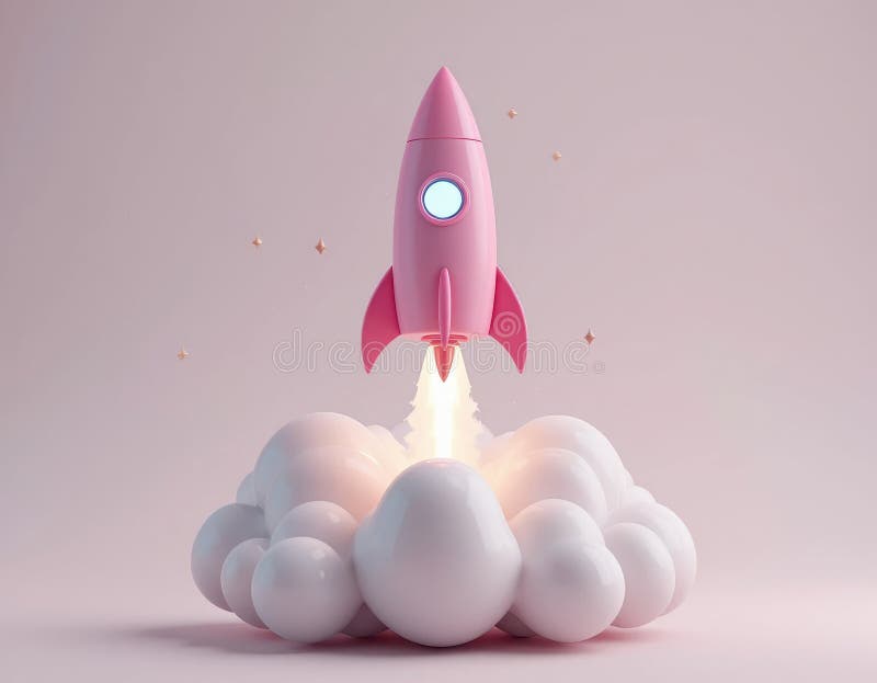 Rosa raket som skjuts upp med rök och stjärnor på mjuk bakgrund stock illustrationer