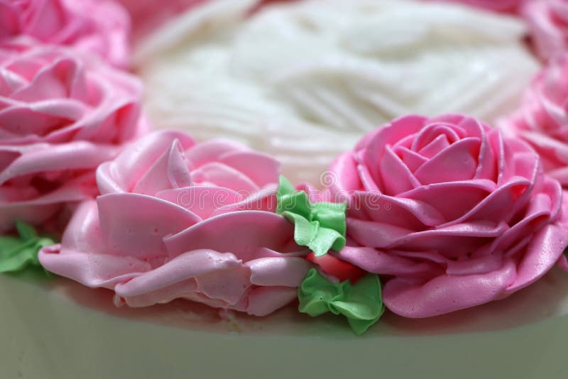 Rosa rosor och gr?nt blad av sm?rkr?m p? den vita kakan arkivfoto Rosa rosor och gr?nt blad av sm?rkr?m p? den vita kakan arkivfoto