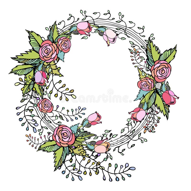 Rosa rosor på kransen i den nätta handen dragen blommaordning planlägger royaltyfri illustrationer Rosa rosor på kransen i den nätta handen dragen blommaordning planlägger royaltyfri illustrationer