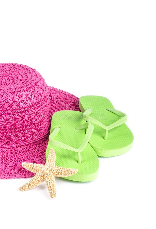 Pink hat, lime green flip flops and starfish. Pink hat, lime green flip flops and starfish.