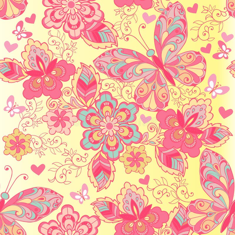Rosa sömlös modell av fjärilar och blommor Dekorativ prydnadbakgrund för tyg, textil, vektor illustrationer Rosa sömlös modell av fjärilar och blommor Dekorativ prydnadbakgrund för tyg, textil, vektor illustrationer