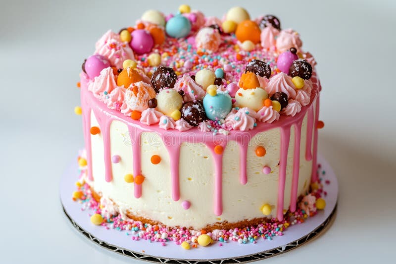 Rosa Tropfkuchen mit bunten Bonbons und Sprinklen feiern eine fröhliche Geburtstagsparty stockfotografie