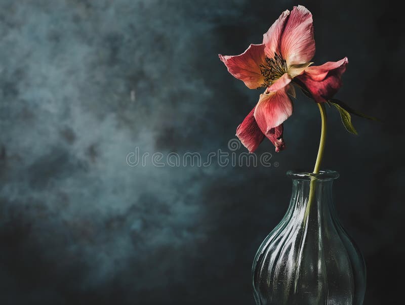 Rosa Tulpe in Glas Vase dunkler Hintergrund gedämpfte Töne künstlerisches Stillleben stock abbildung