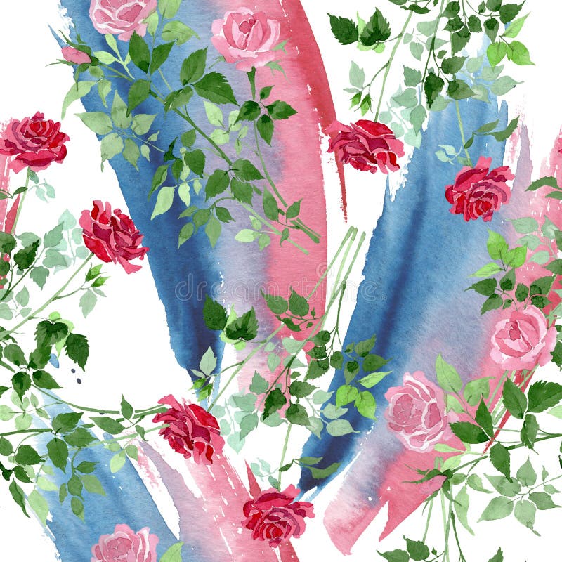 Rosa y flores botánicas de las rosas rojas del arbusto Sistema del ejemplo del fondo de la acuarela Modelo inconsútil del fondo. Rosa y flores botánicas de las rosas rojas del arbusto La hoja salvaje de la primavera aisló Sistema del ejemplo de la acuarela Acuarela de dibujo de la moda del Watercolour Modelo inconsútil del fondo Textura de la impresión del papel pintado de la tela