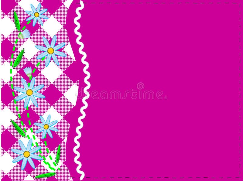 Vector eps8. Pink copy space with gingham and ric rac trim topped with blue cornflowers and quilting stitches. Vector eps8. Pink copy space with gingham and ric rac trim topped with blue cornflowers and quilting stitches.