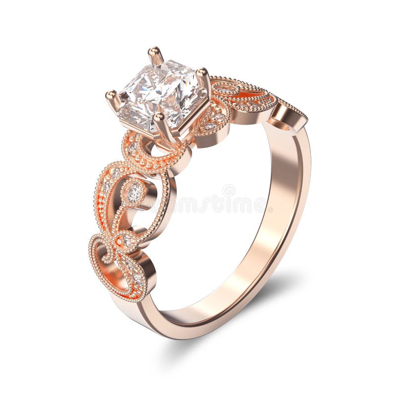 3D illustration rose gold ring with diamonds and ornament on a white background. 3D illustration rose gold ring with diamonds and ornament on a white background