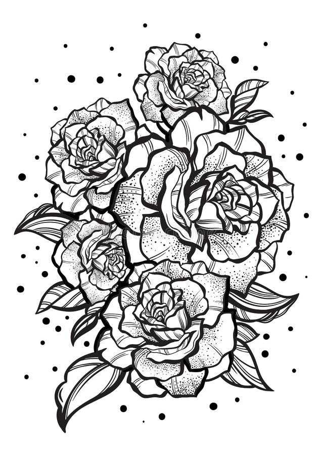 Hand-drawn beautiful roses. Tattoo art. Graphic vintage composition. Vector illustration isolated. T-shirts, print, posters. Hand-drawn beautiful roses. Tattoo art. Graphic vintage composition. Vector illustration isolated. T-shirts, print, posters.